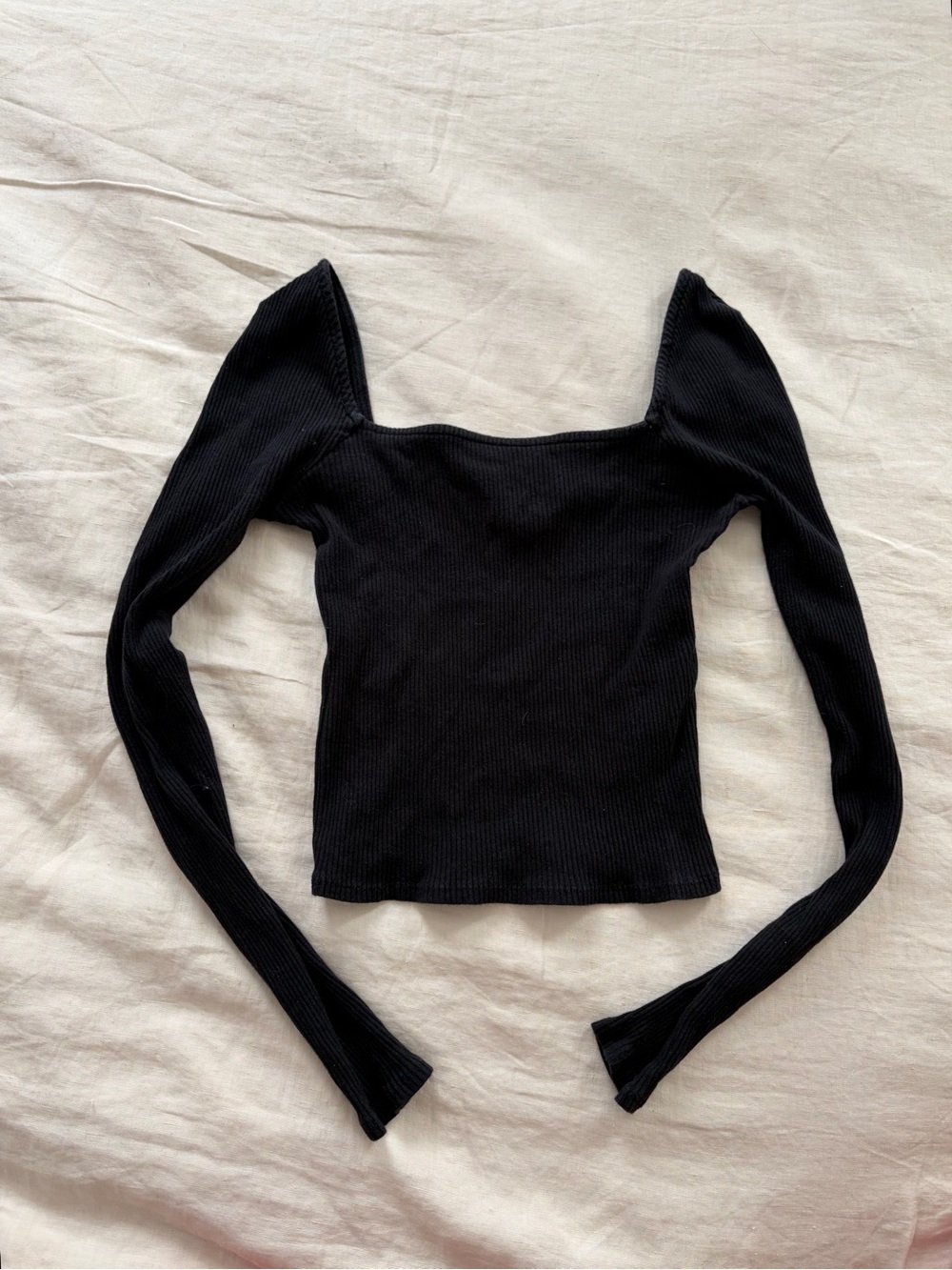 Free People Black Ribbed Square Neck Long Sleeve Top